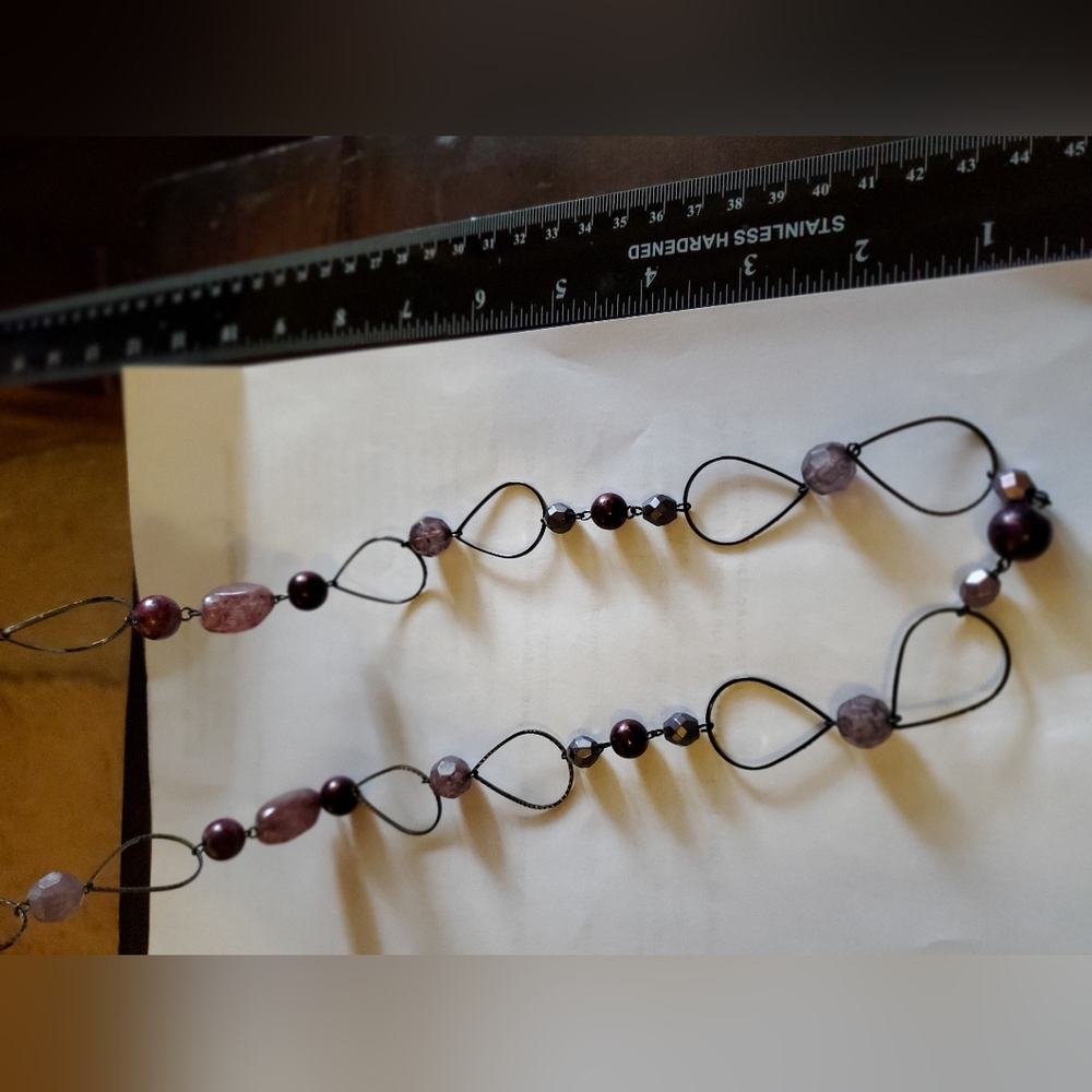 Purple & Mauve Station Necklace Metal Teardrop Hoops